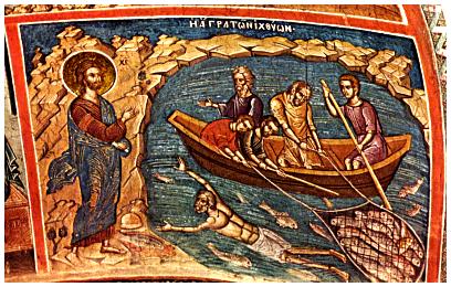 Fresco aus dem Kloster Großes Metéoron: Wer mit Jesus den Weg des Lebens gehen will, muss irgendwann das sichere Boot verlassen. (Joh 21,7)